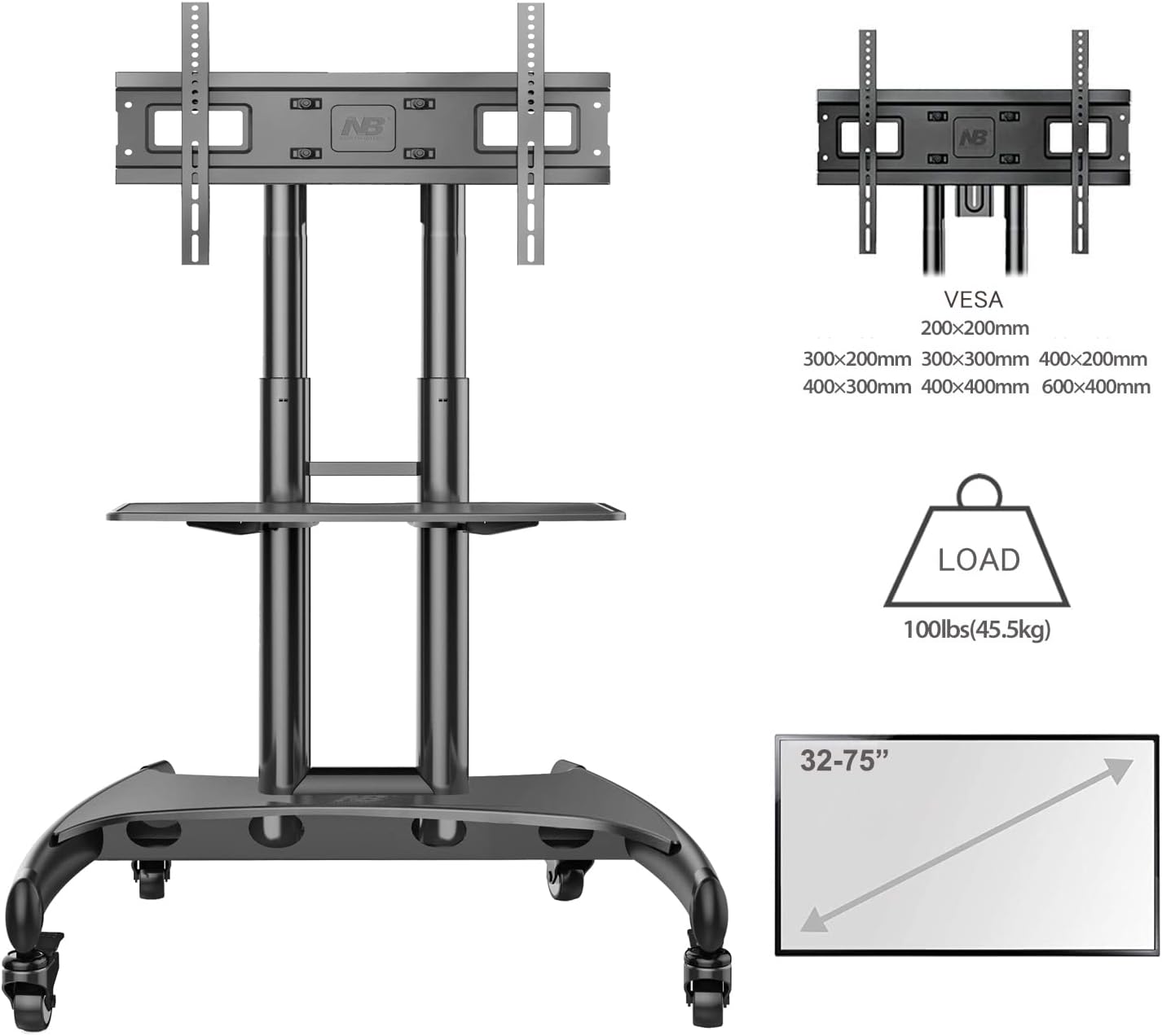 Mobile TV Cart Stand with Wheels for 32_-75_ TV’s(AVA1500-60-1P) (4)