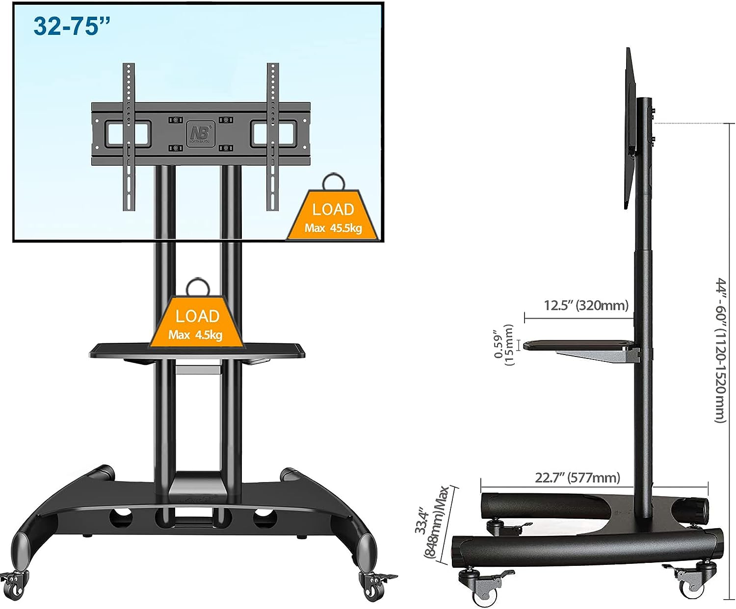 Mobile TV Cart Stand with Wheels for 32_-75_ TV’s(AVA1500-60-1P)